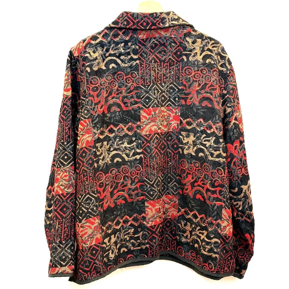 Women's Handmade Reversible Artsy Jacket, Black Red Gold Button Front Size Large